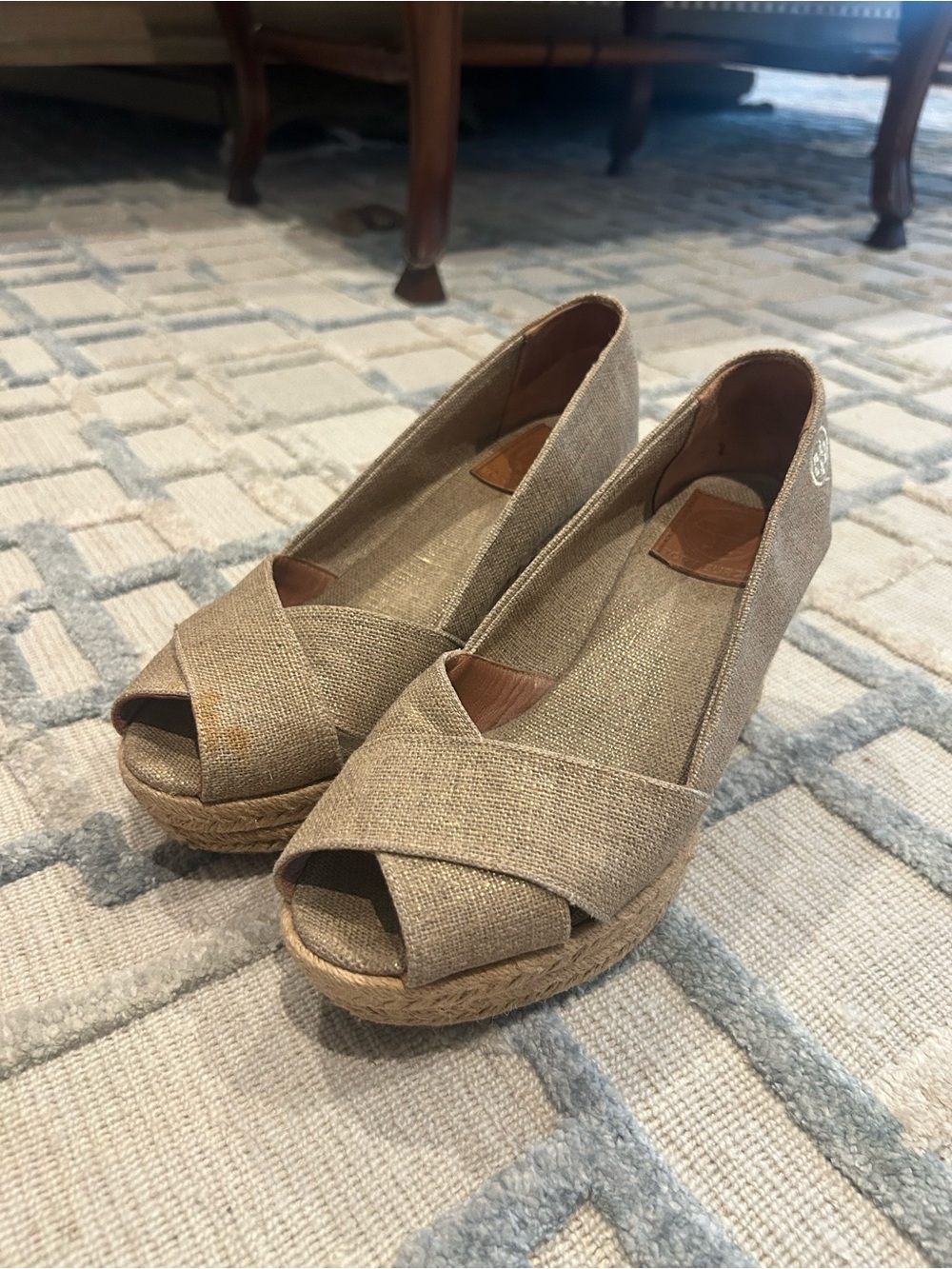 Tory Burch Tan Woven Peep-Toe Espadrille Wedges